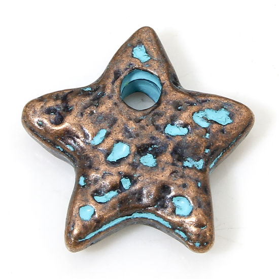 Image de 10 PCs Zinc Based Alloy Ocean Jewelry Charms Antique Copper Blue Star Fish Patina Hammered 13mm x 13mm