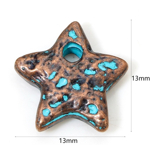Picture of 10 PCs Zinc Based Alloy Ocean Jewelry Charms Antique Copper Blue Star Fish Patina Hammered 13mm x 13mm