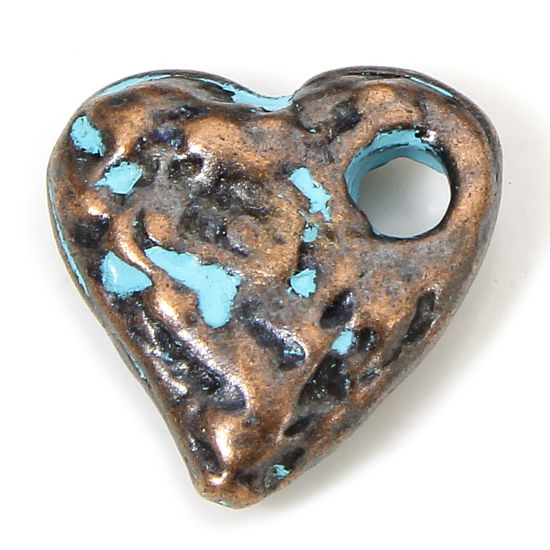 Image de 10 PCs Zinc Based Alloy Valentine's Day Charms Antique Copper Blue Heart Patina Hammered 10mm x 10mm