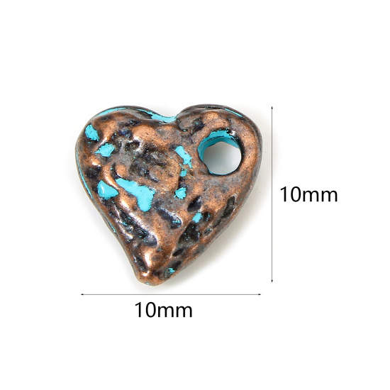Picture of 10 PCs Zinc Based Alloy Valentine's Day Charms Antique Copper Blue Heart Patina Hammered 10mm x 10mm