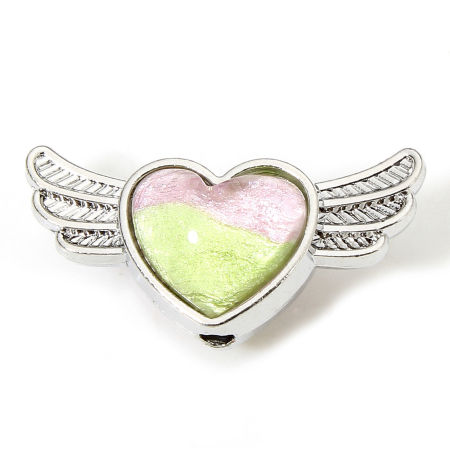 Bild von 5 Stück Zinklegierung Valentinstag Zwischenperlen Spacer Perlen für die DIY-Schmuckherstellung Silberfarbe Rosa & Grün Zufällig Gemischte Farben Herz Flügel Mit Glas Cabochon ca. 21mm x 10.5mm, Loch:ca. 1.6mm