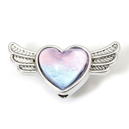 Bild von 5 Stück Zinklegierung Valentinstag Zwischenperlen Spacer Perlen für die DIY-Schmuckherstellung Silberfarbe Blau & Rosa Zufällig Gemischte Farben Herz Flügel Mit Glas Cabochon ca. 21mm x 10.5mm, Loch:ca. 1.6mm