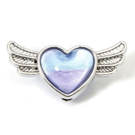 Bild von 5 Stück Zinklegierung Valentinstag Zwischenperlen Spacer Perlen für die DIY-Schmuckherstellung Silberfarbe Violett & Blau Zufällig Gemischte Farben Herz Flügel Mit Glas Cabochon ca. 21mm x 10.5mm, Loch:ca. 1.6mm