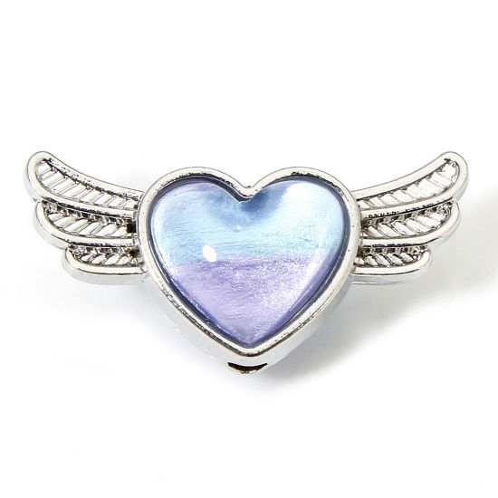Imagen de 5 Unidades Zamak día de San Valentín Cuentas para la Fabricación de Joyas con Dijes de Bricolaje Tono de Plata Violeta & Azul Al Azar Color Mezclado Corazón Ala Con Cabochons de cristal Aprox 21mm x 10.5mm, Agujero: Aprox 1.6mm