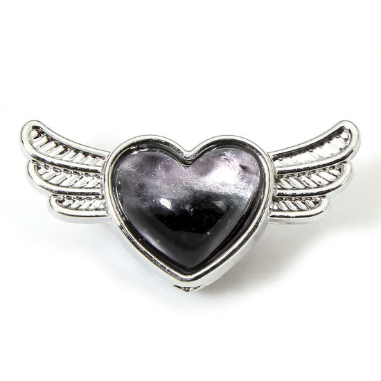 Imagen de 5 Unidades Zamak día de San Valentín Cuentas para la Fabricación de Joyas con Dijes de Bricolaje Tono de Plata Negro & Rosado Al Azar Color Mezclado Corazón Ala Con Cabochons de cristal Aprox 21mm x 10.5mm, Agujero: Aprox 1.6mm