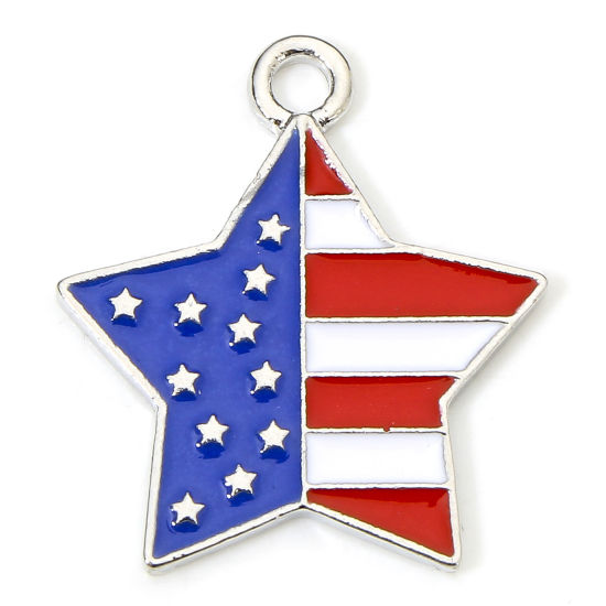 Picture of 5 PCs Zinc Based Alloy American Independence Day Charms Silver Tone Multicolor Pentagram Star Flag Of The United States Enamel 25mm x 22mm