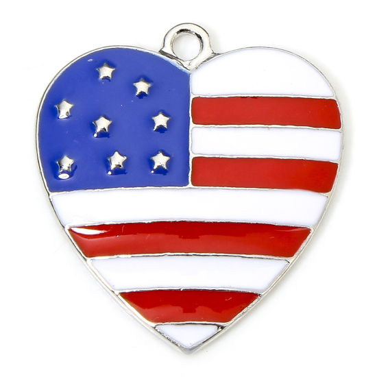 Picture of 5 PCs Zinc Based Alloy American Independence Day Charms Silver Tone Multicolor Heart Flag Of The United States Enamel 24mm x 22mm
