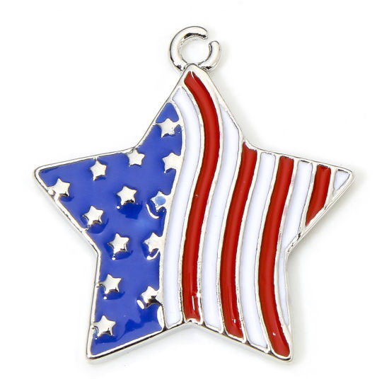 Picture of 5 PCs Zinc Based Alloy American Independence Day Charms Silver Tone Multicolor Pentagram Star Flag Of The United States Enamel 24mm x 22mm