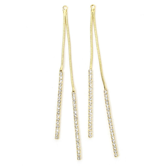 Image de 2 Pcs Pendentifs en Laiton Franges Pompons Glands Plaqué Or 18K à Strass Transparent 7.4cm x 0.4cm