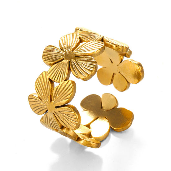 Picture of 1 Piece Vacuum Plating 304 Stainless Steel Ins Style Open Rings 18K Gold Plated Flower Stripe 17mm(US Size 6.5)