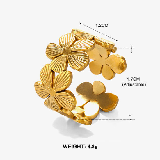 Picture of 1 Piece Vacuum Plating 304 Stainless Steel Ins Style Open Rings 18K Gold Plated Flower Stripe 17mm(US Size 6.5)