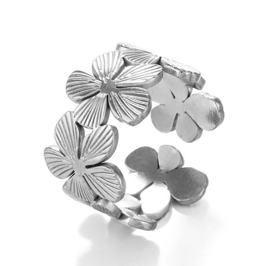 Picture of 1 Piece 304 Stainless Steel Ins Style Open Rings Silver Tone Flower Stripe 17mm(US Size 6.5)