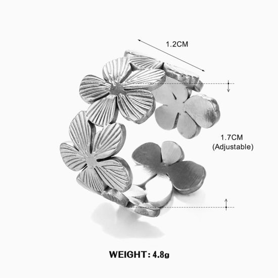 Picture of 1 Piece 304 Stainless Steel Ins Style Open Rings Silver Tone Flower Stripe 17mm(US Size 6.5)