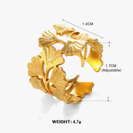 Изображение 1 ШТ вакуумное покрытие 304 Нержавеющая Сталь Инс Стиль Открытый Кольца 18K позолоченный Гинкго билоба 17мм(Американский Размер 6.5)