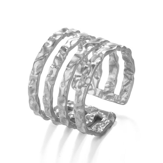 Picture of 1 Piece 304 Stainless Steel Hammered Open Rings Silver Tone Geometric Streak 17mm(US Size 6.5)