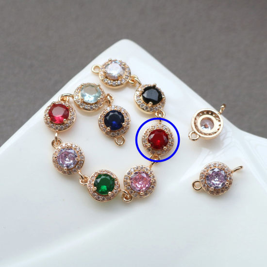 Bild von 2 PCs Brass & Glass Geometric Connectors Charms Pendants Gold Plated Red Round Micro Pave Clear Rhinestone 9.5mm Dia.