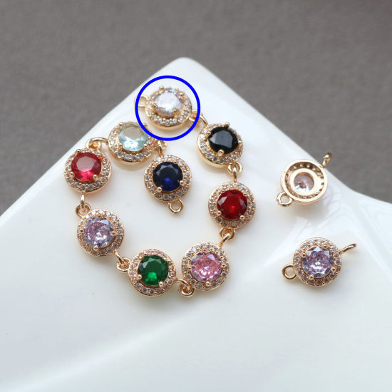 Bild von 2 PCs Brass & Glass Geometric Connectors Charms Pendants Gold Plated Transparent Clear Round Micro Pave Clear Rhinestone 9.5mm Dia.