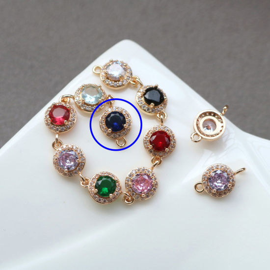 Bild von 2 PCs Brass & Glass Geometric Connectors Charms Pendants Gold Plated Blue Round Micro Pave Clear Rhinestone 9.5mm Dia.