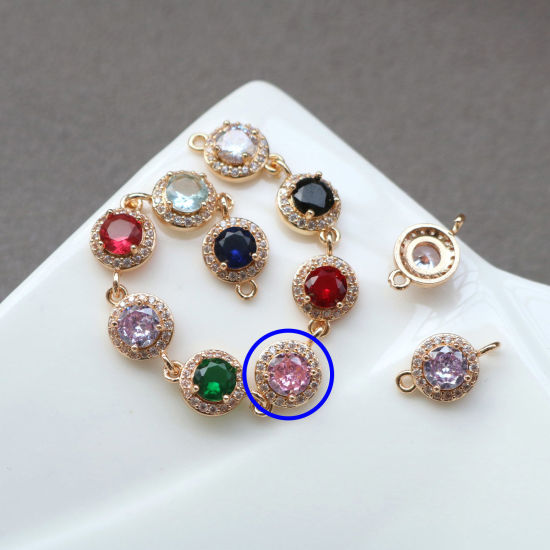 Bild von 2 PCs Brass & Glass Geometric Connectors Charms Pendants Gold Plated Pink Round Micro Pave Clear Rhinestone 9.5mm Dia.