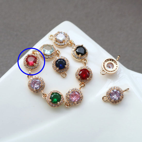 Bild von 2 PCs Brass & Glass Geometric Connectors Charms Pendants Gold Plated Fuchsia Round Micro Pave Clear Rhinestone 9.5mm Dia.