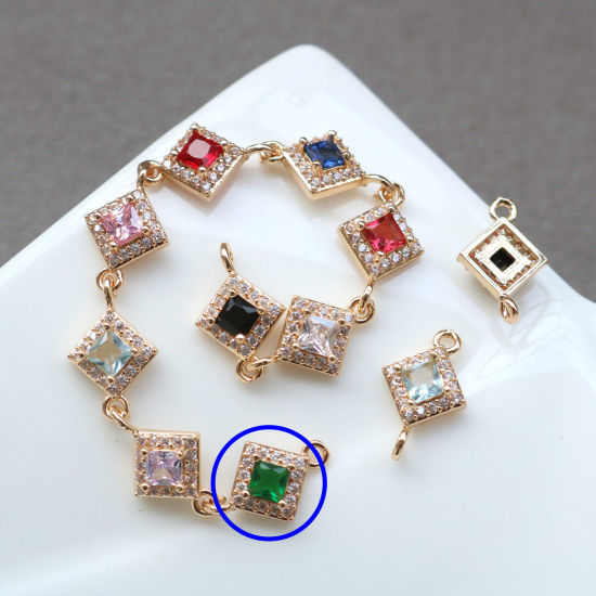 Bild von 2 PCs Brass & Glass Geometric Connectors Charms Pendants Gold Plated Green Rhombus Micro Pave Clear Rhinestone 10mm x 10mm