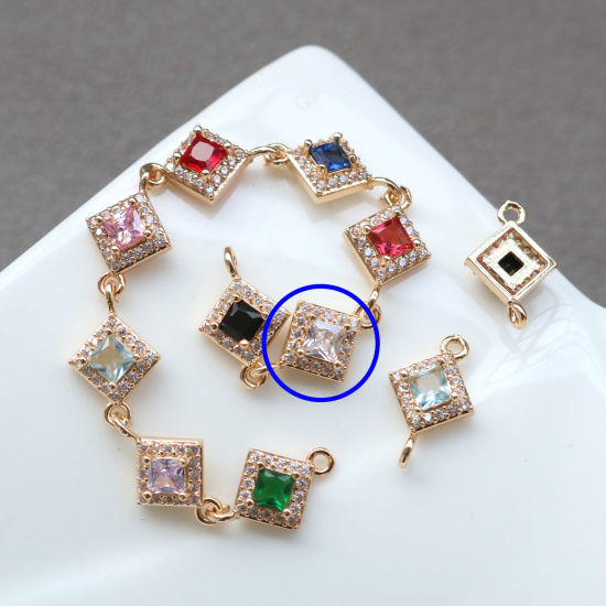 Bild von 2 PCs Brass & Glass Geometric Connectors Charms Pendants Gold Plated Transparent Clear Rhombus Micro Pave Clear Rhinestone 10mm x 10mm