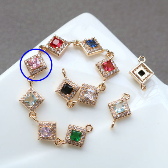 Bild von 2 PCs Brass & Glass Geometric Connectors Charms Pendants Gold Plated Pink Rhombus Micro Pave Clear Rhinestone 10mm x 10mm