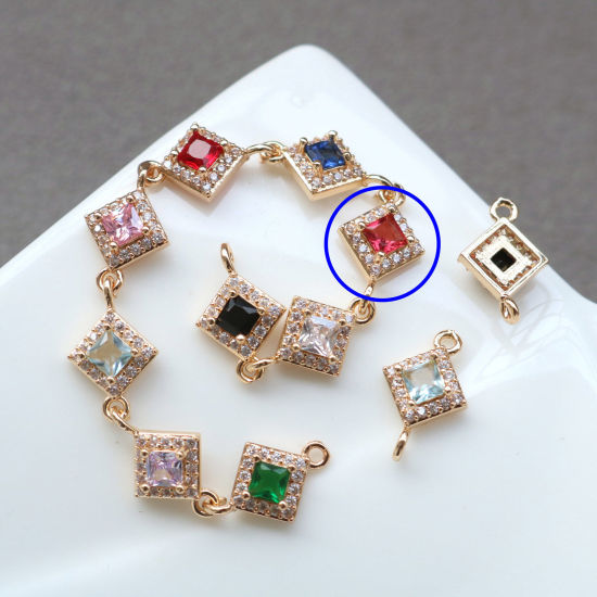 Bild von 2 PCs Brass & Glass Geometric Connectors Charms Pendants Gold Plated Fuchsia Rhombus Micro Pave Clear Rhinestone 10mm x 10mm