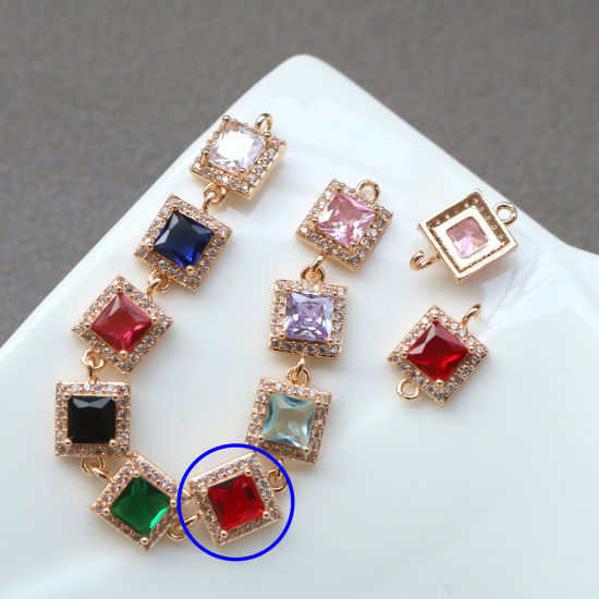 Bild von 2 PCs Brass & Glass Geometric Connectors Charms Pendants Gold Plated Red Square Micro Pave Clear Rhinestone 9.5mm x 9.5mm