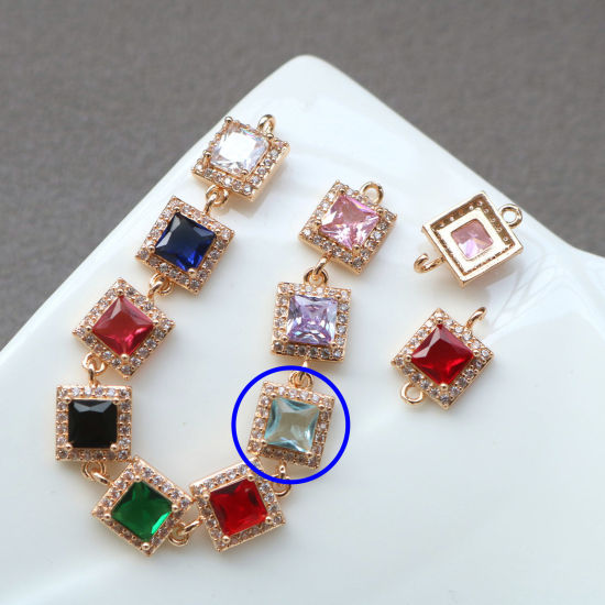 Bild von 2 PCs Brass & Glass Geometric Connectors Charms Pendants Gold Plated Light Blue Square Micro Pave Clear Rhinestone 9.5mm x 9.5mm