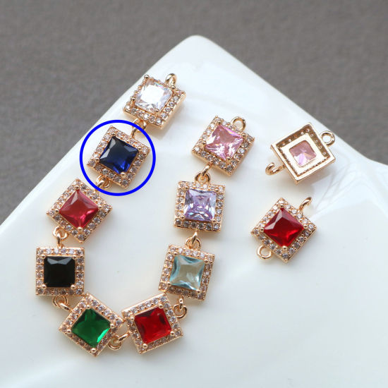 Bild von 2 PCs Brass & Glass Geometric Connectors Charms Pendants Gold Plated Blue Square Micro Pave Clear Rhinestone 9.5mm x 9.5mm