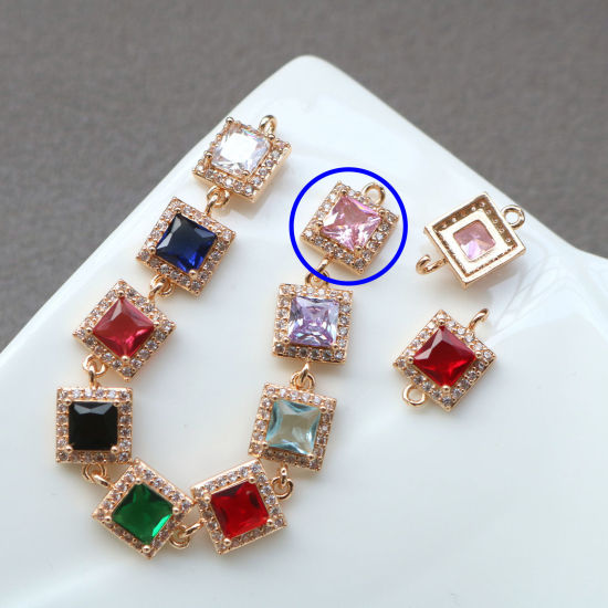 Bild von 2 PCs Brass & Glass Geometric Connectors Charms Pendants Gold Plated Pink Square Micro Pave Clear Rhinestone 9.5mm x 9.5mm