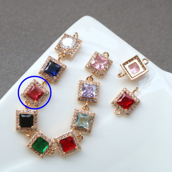 Bild von 2 PCs Brass & Glass Geometric Connectors Charms Pendants Gold Plated Fuchsia Square Micro Pave Clear Rhinestone 9.5mm x 9.5mm