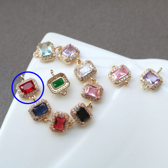 Bild von 2 PCs Brass & Glass Geometric Connectors Charms Pendants Gold Plated Red Rectangle Micro Pave Clear Rhinestone 10mm x 9.5mm
