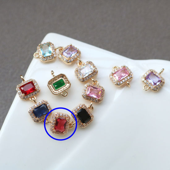 Bild von 2 PCs Brass & Glass Geometric Connectors Charms Pendants Gold Plated Fuchsia Rectangle Micro Pave Clear Rhinestone 10mm x 9.5mm