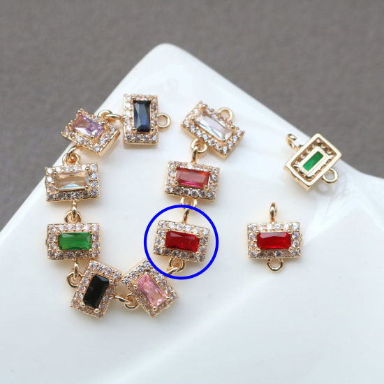 Bild von 2 PCs Brass & Glass Geometric Connectors Charms Pendants Gold Plated Red Rectangle Micro Pave Clear Rhinestone 11mm x 7mm