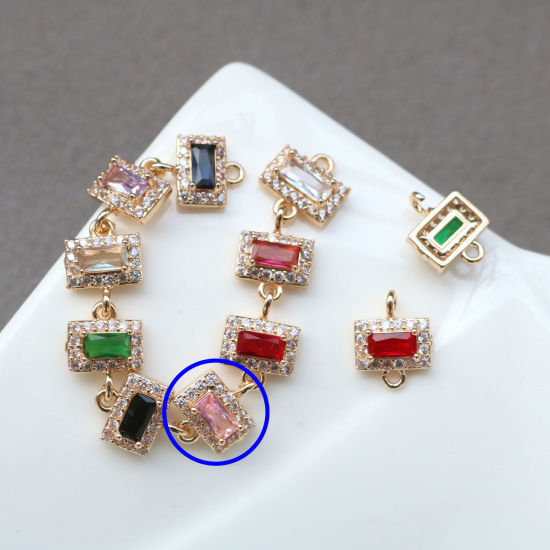 Bild von 2 PCs Brass & Glass Geometric Connectors Charms Pendants Gold Plated Pink Rectangle Micro Pave Clear Rhinestone 11mm x 7mm