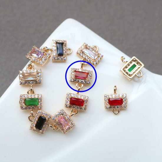 Bild von 2 PCs Brass & Glass Geometric Connectors Charms Pendants Gold Plated Fuchsia Rectangle Micro Pave Clear Rhinestone 11mm x 7mm