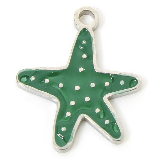 Immagine di 1 Pz Placcatura Sottovuoto 304 Acciaio Inossidabile Gioielli Oceanici Ciondoli Stella di Mare Oro Placcato Verde Smalto 15.5mm x 13mm