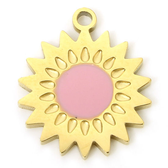 Immagine di 1 Pz Placcatura Sottovuoto PVD Ecologica 304 Acciaio Inossidabile Carino Ciondoli 18K Vero Oro Placcato Rosa Girasole Smalto 15.5mm x 13mm