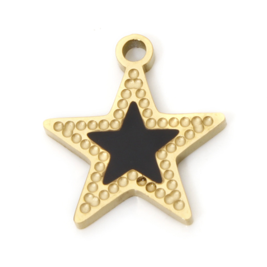 Immagine di 1 Pz Placcatura Sottovuoto PVD Ecologica 304 Acciaio Inossidabile Carino Ciondoli Stella a Cinque Punte 18K Vero Oro Placcato Nero Smalto 15mm x 13mm