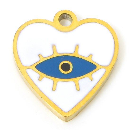 Immagine di 1 Pz Placcatura Sottovuoto PVD Ecologica 304 Acciaio Inossidabile Carino Ciondoli Cuore 18K Vero Oro Placcato Bianco & Blu Occhi Smalto 11mm x 10mm