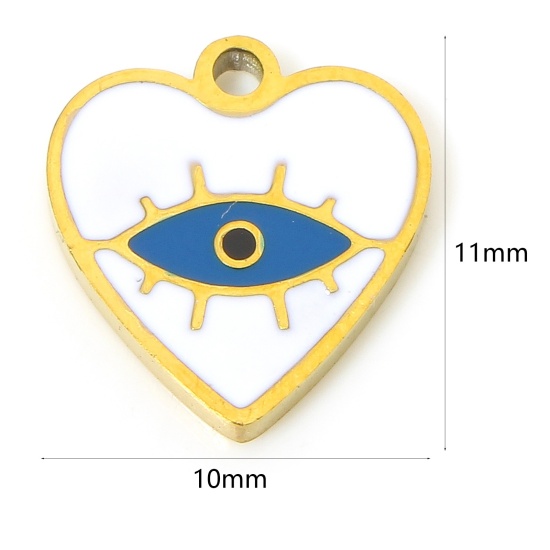 Immagine di 1 Pz Placcatura Sottovuoto PVD Ecologica 304 Acciaio Inossidabile Carino Ciondoli Cuore 18K Vero Oro Placcato Bianco & Blu Occhi Smalto 11mm x 10mm