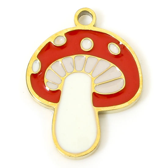 Immagine di 1 Pz Placcatura Sottovuoto PVD Ecologica 304 Acciaio Inossidabile Carino Ciondoli Fungo 18K Vero Oro Placcato Bianco & Rosso Smalto 16mm x 12mm