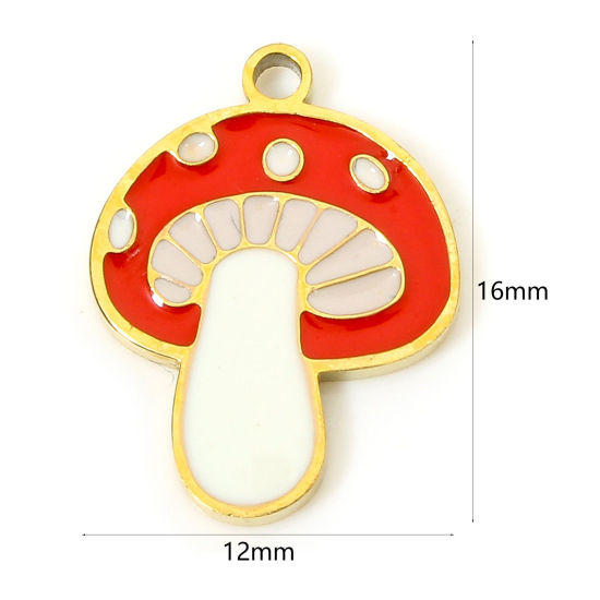 Immagine di 1 Pz Placcatura Sottovuoto PVD Ecologica 304 Acciaio Inossidabile Carino Ciondoli Fungo 18K Vero Oro Placcato Bianco & Rosso Smalto 16mm x 12mm