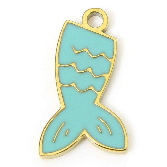 Immagine di 1 Pz Placcatura Sottovuoto PVD Ecologica 304 Acciaio Inossidabile Gioielli Oceanici Ciondoli Fishtail 18K Vero Oro Placcato Blu Smalto 15mm x 8.5mm