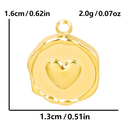 Picture of 1 Piece Eco-friendly PVD Vacuum Plating Waterproof Anti-Tarnish Hypoallergenic 304 Stainless Steel Stylish Disc Charms 18K Real Gold Plated Round Heart 16.5mm x 12.5mm