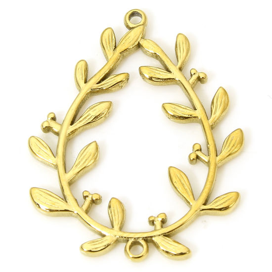 Immagine di 1 Pz Placcatura Sottovuoto PVD Ecologica 304 Acciaio Inossidabile Retrò Ciondoli Goccia 18K Vero Oro Placcato Foglia Filigrana 28.5mm x 23mm
