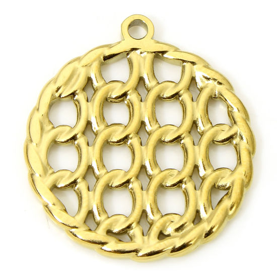 Immagine di 1 Pz Placcatura Sottovuoto PVD Ecologica 304 Acciaio Inossidabile Ciondoli Tondo 18K Vero Oro Placcato Maglia Filigrana 24.5mm x 22mm