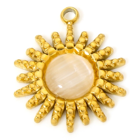 Immagine di 1 Pz Placcatura Sottovuoto Acciaio Inossidabile 304 & Opale Occhi di Gatto Stile del Carattere della Corte Reale Ciondoli Tondo Oro Placcato Champagne Girasole 17mm x 14mm